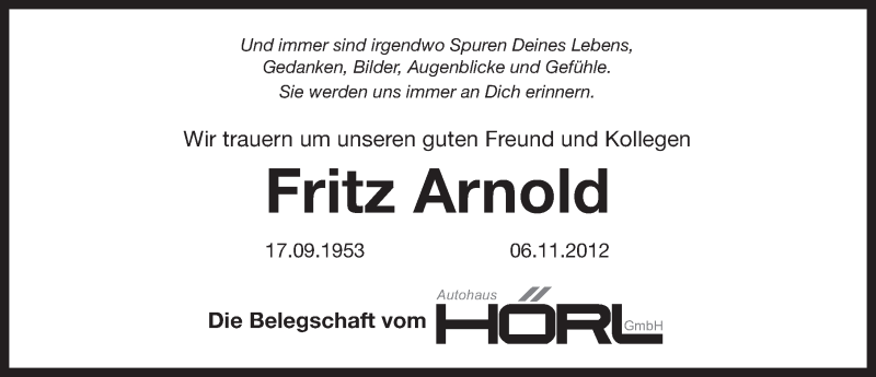  Traueranzeige für Fritz Arnold vom 09.11.2012 aus Pegnitz-Zeitung